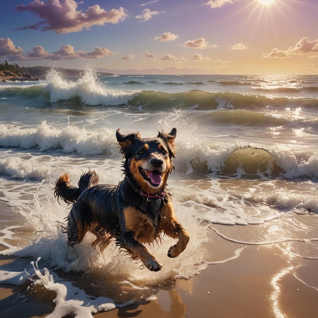 Dog Running on Beach in Digital Painting Style
