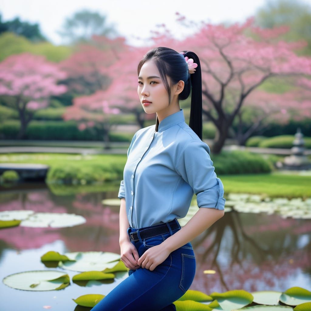 Elegant Japanese Model in a Serene Garden