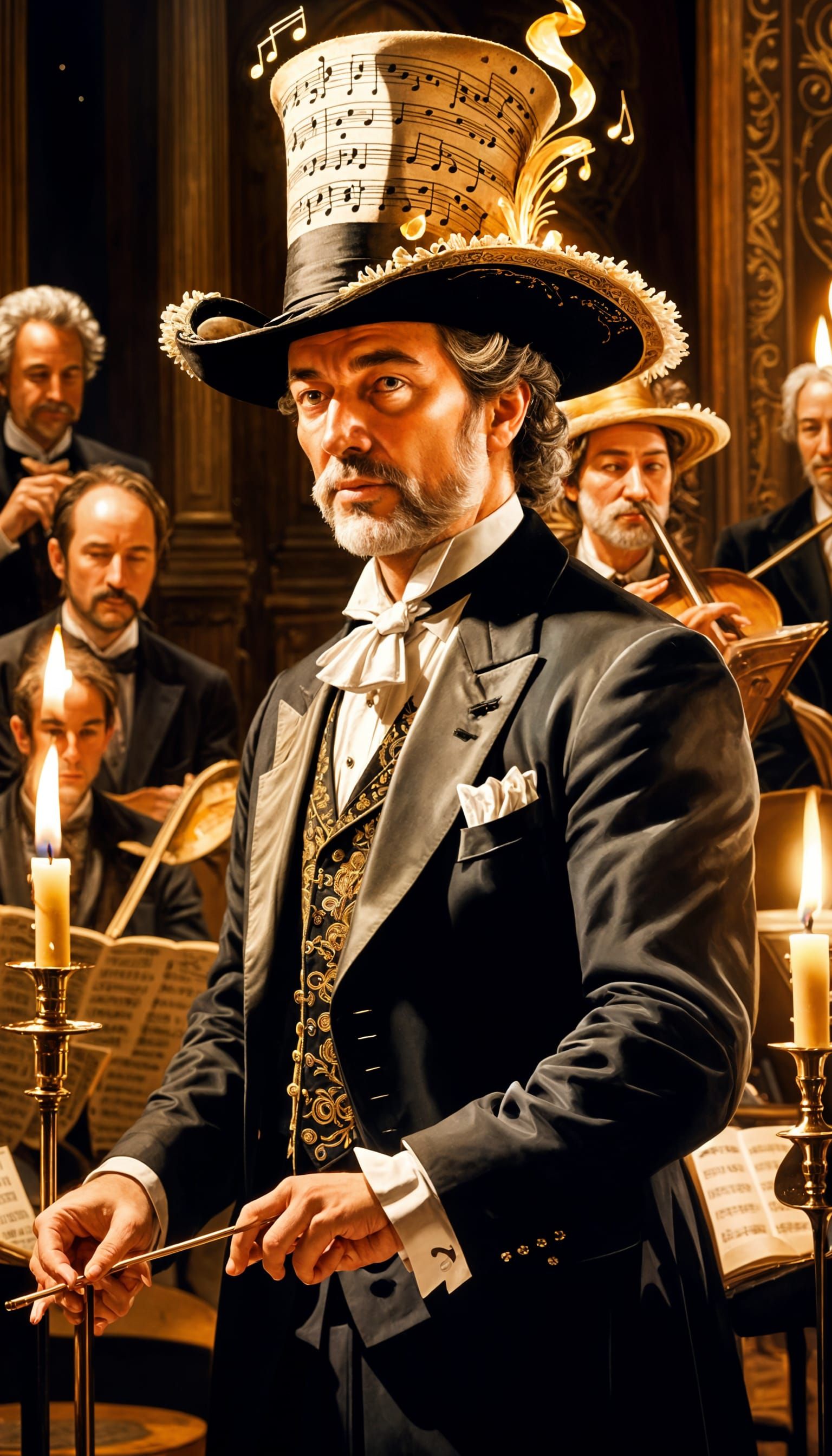 Conductor's Regal Attire in Candlelit Music Hall