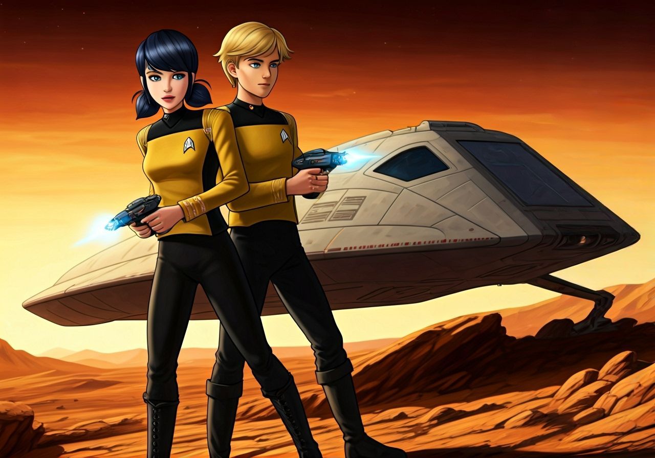 Starfleet Officers on Desert Planet in Action Painting Style