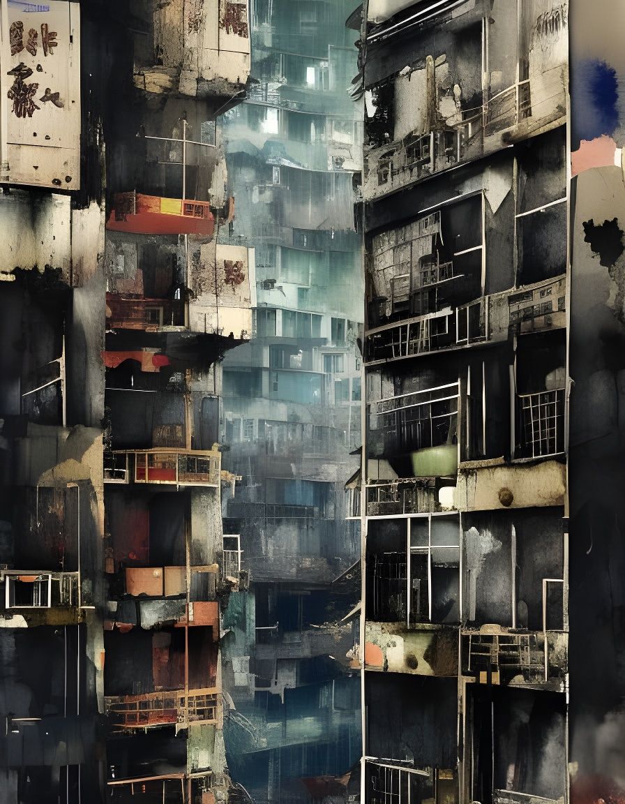 Detailed Watercolour of Brutalist Kowloon Slum