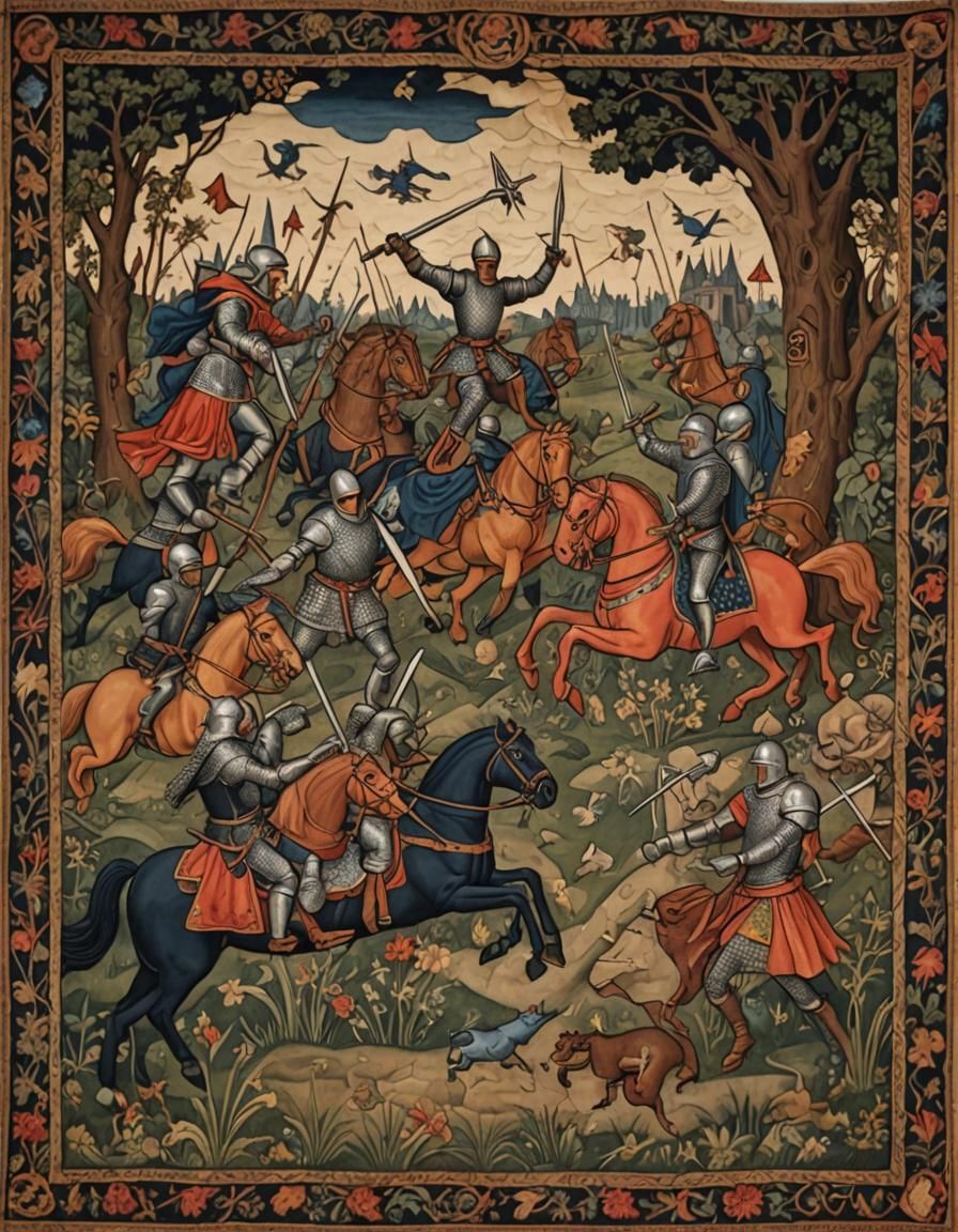 Knights and Witches Battle on Quilted Tapestry