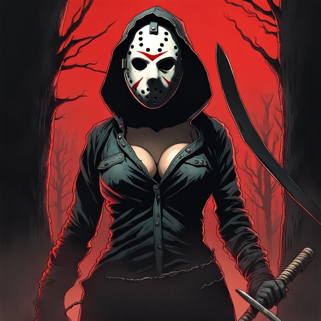 Female Jason Voorhees with Black and Red Mask