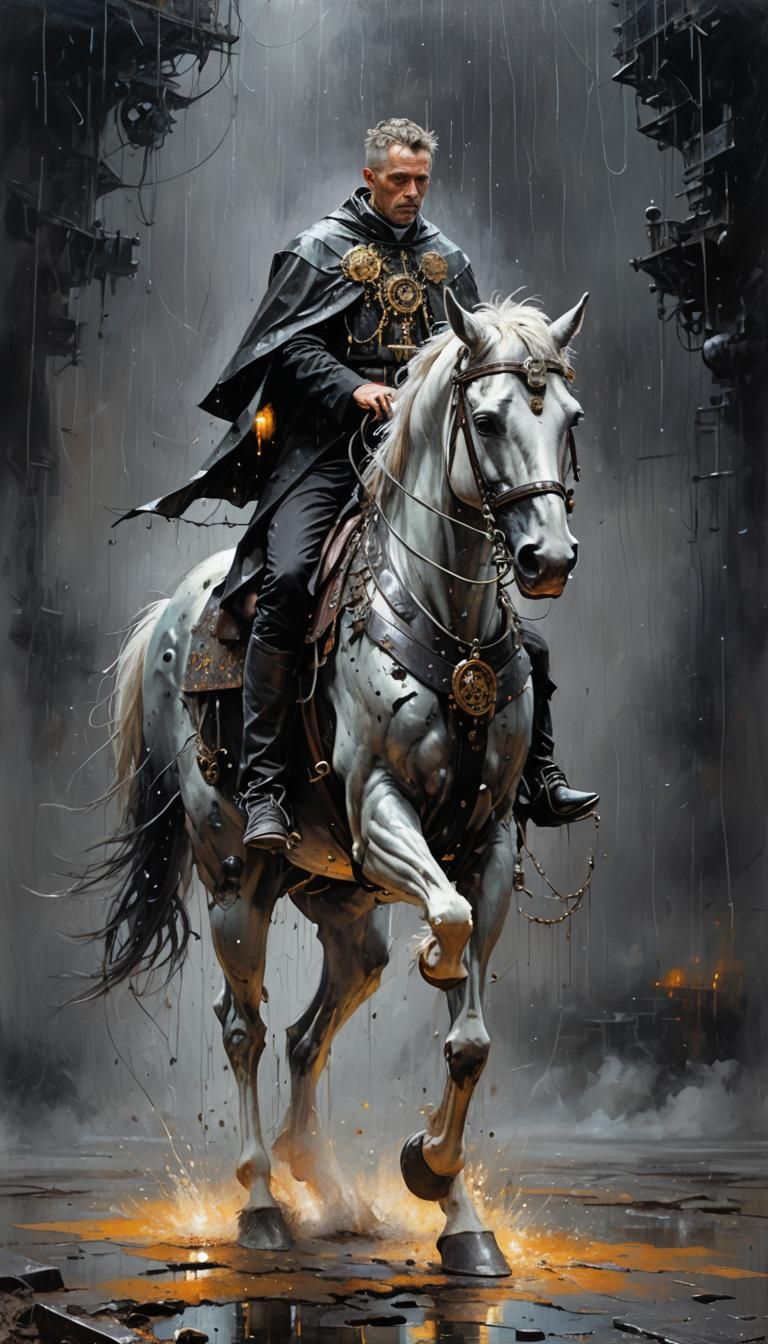 Priest on Horseback in Steampunk World: Oil Painting