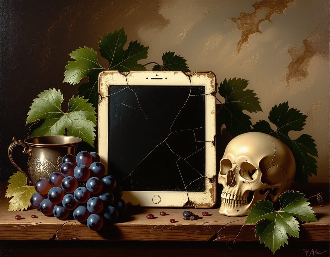 Vanitas Still Life: Tablet, Skull, and Grapes in Oil