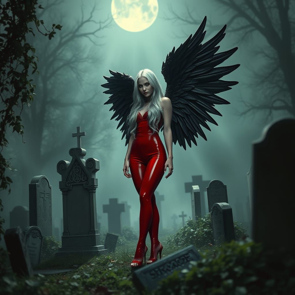 Dark Fantasy Angel in Red Latex Jumpsuit