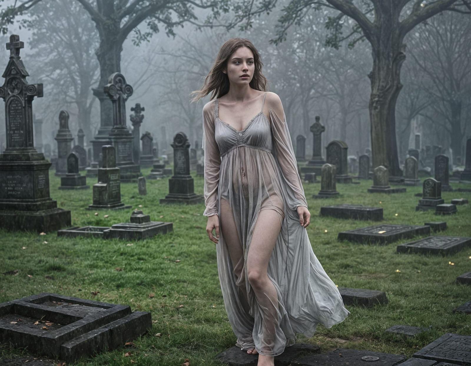 Eerie Cemetery: Woman Lost in Misty Greyfriars Kirkyard