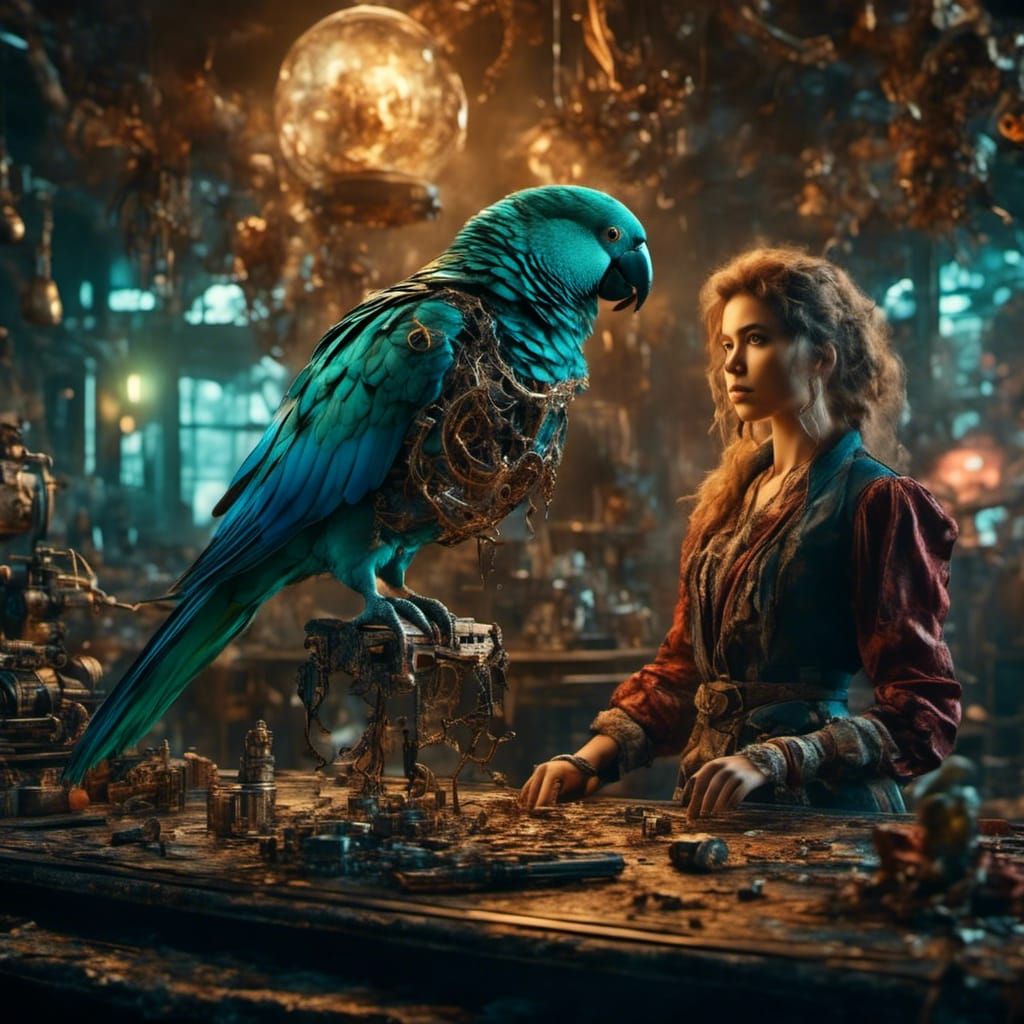 Cyborg Parakeet Pirate in Cinematic Lighting