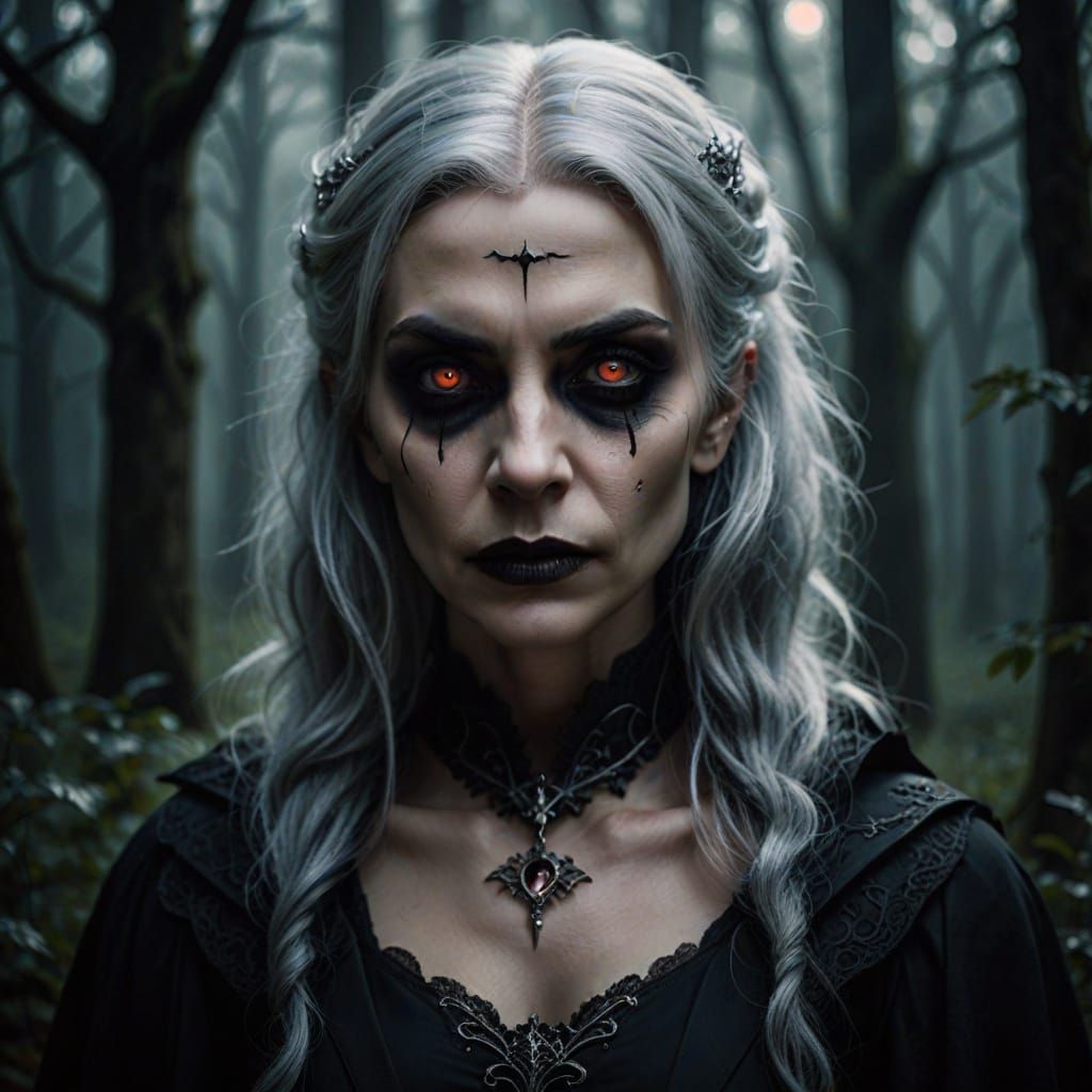 Eerie Gothic Portrait of a Silver-Haired Vampire