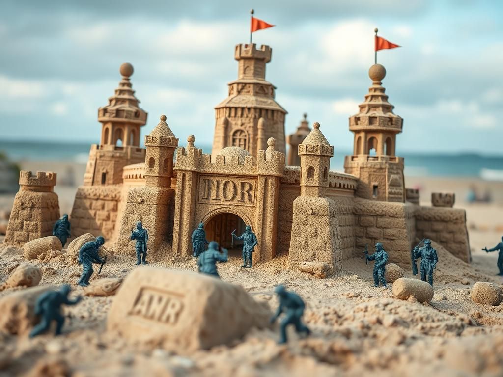 Intricate Sand Castle with Toy Soldiers Macro Shot