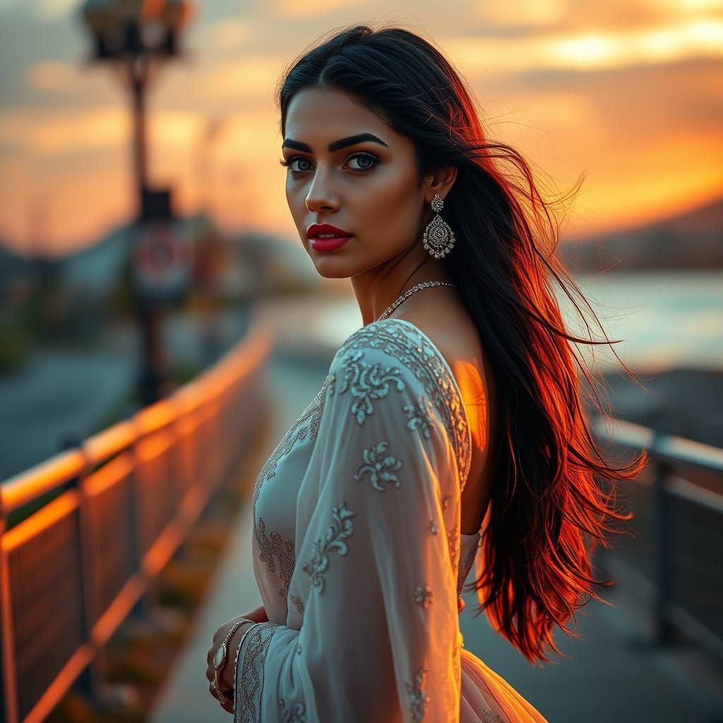 Ethereal Beauty Walks into Sunset Glow