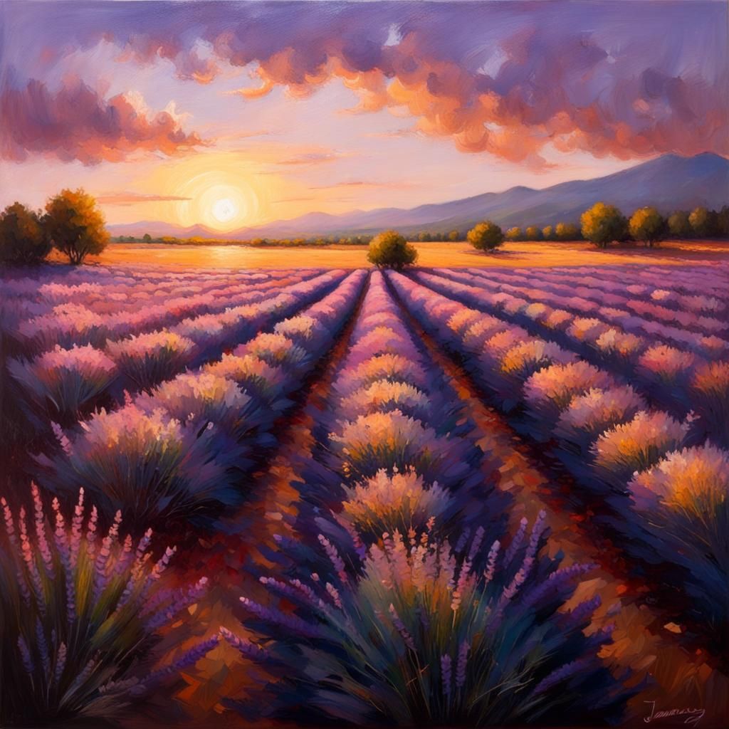 Lavender Field Sunset Inspired by Oil Painting