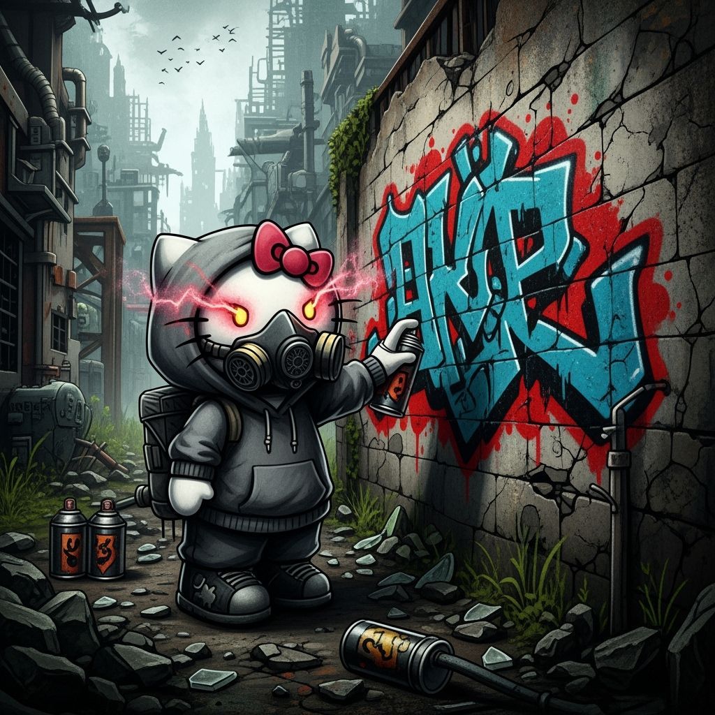 Hello Kitty as Graffiti Artist in Dystopian City