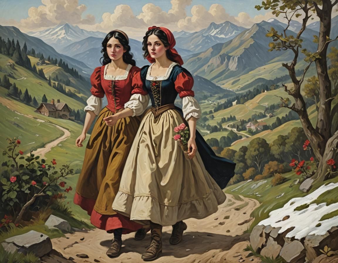 Snow White and Rose Red Painting in Delacroix Style