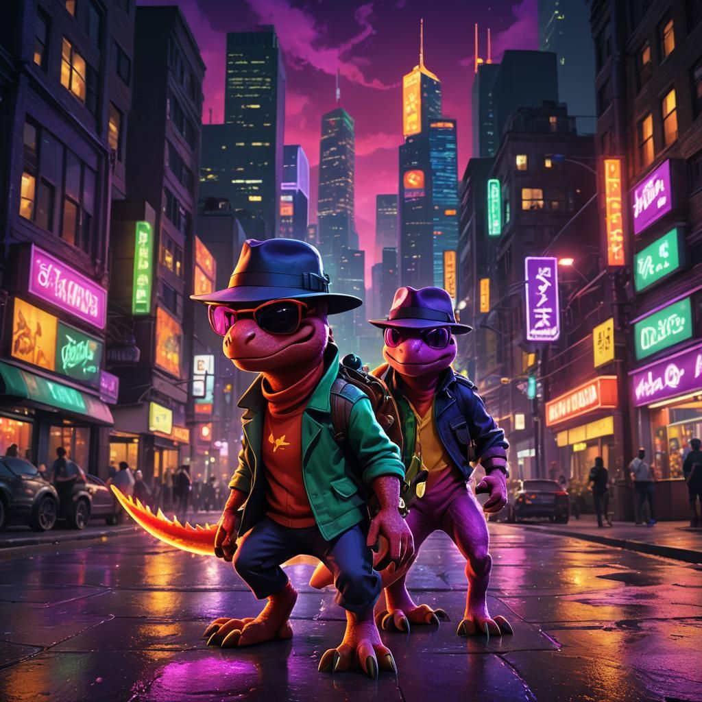 Charmeleon Gangster in a Neon Cityscape