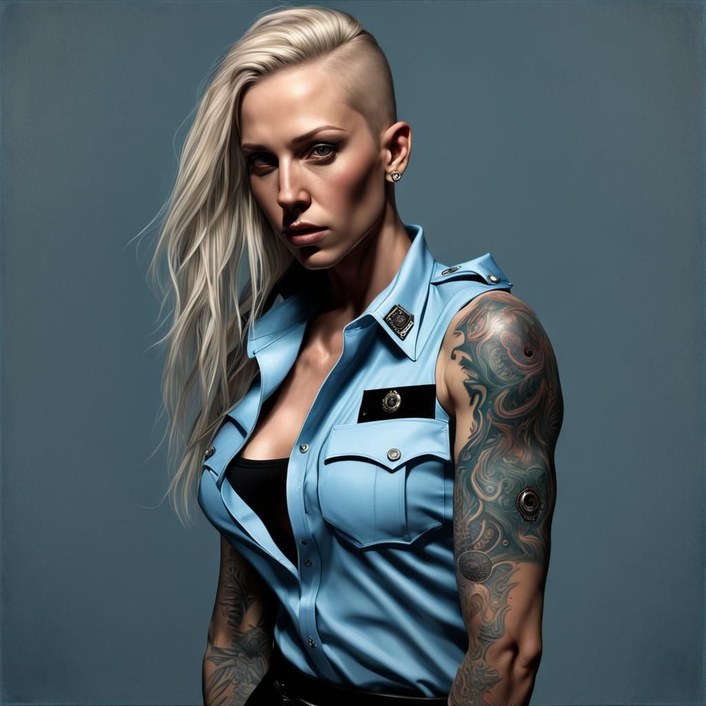 Hyperrealistic Portrait of a Muscular Woman in Police Shirt