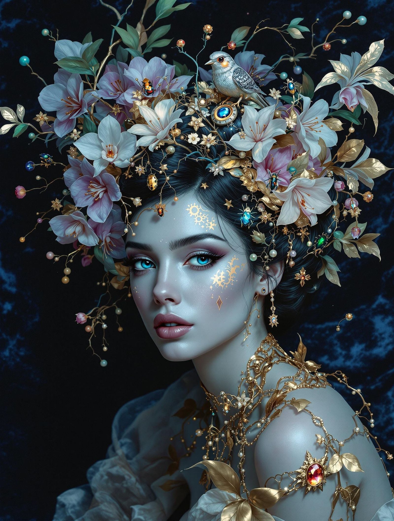 Ethereal Woman in Midnight Velvet Abyss with Golden Baroque ...