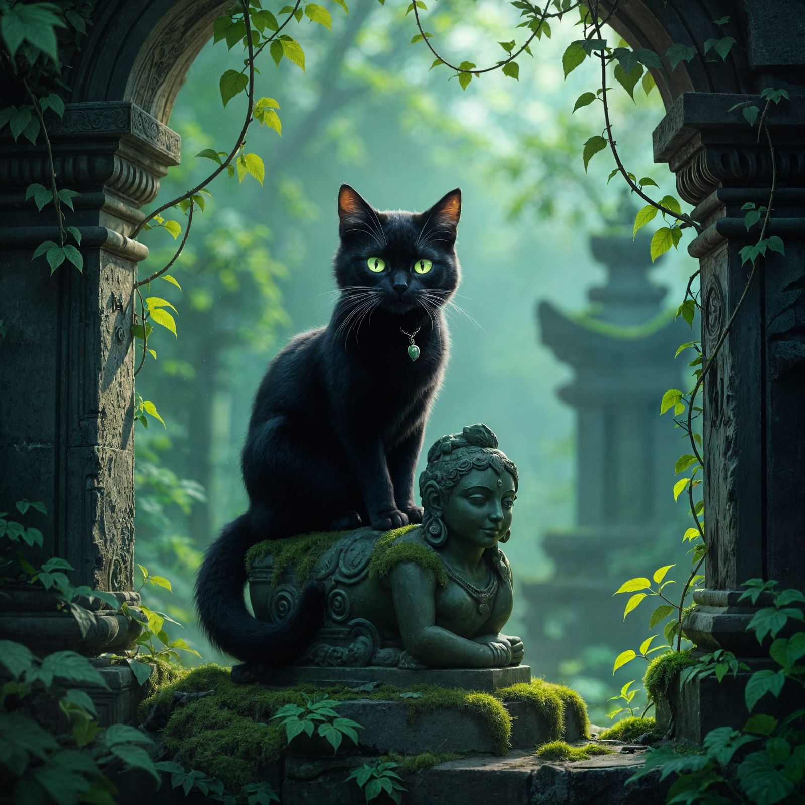 Mischievous Black Cat on Ancient Statue in Magical Garden