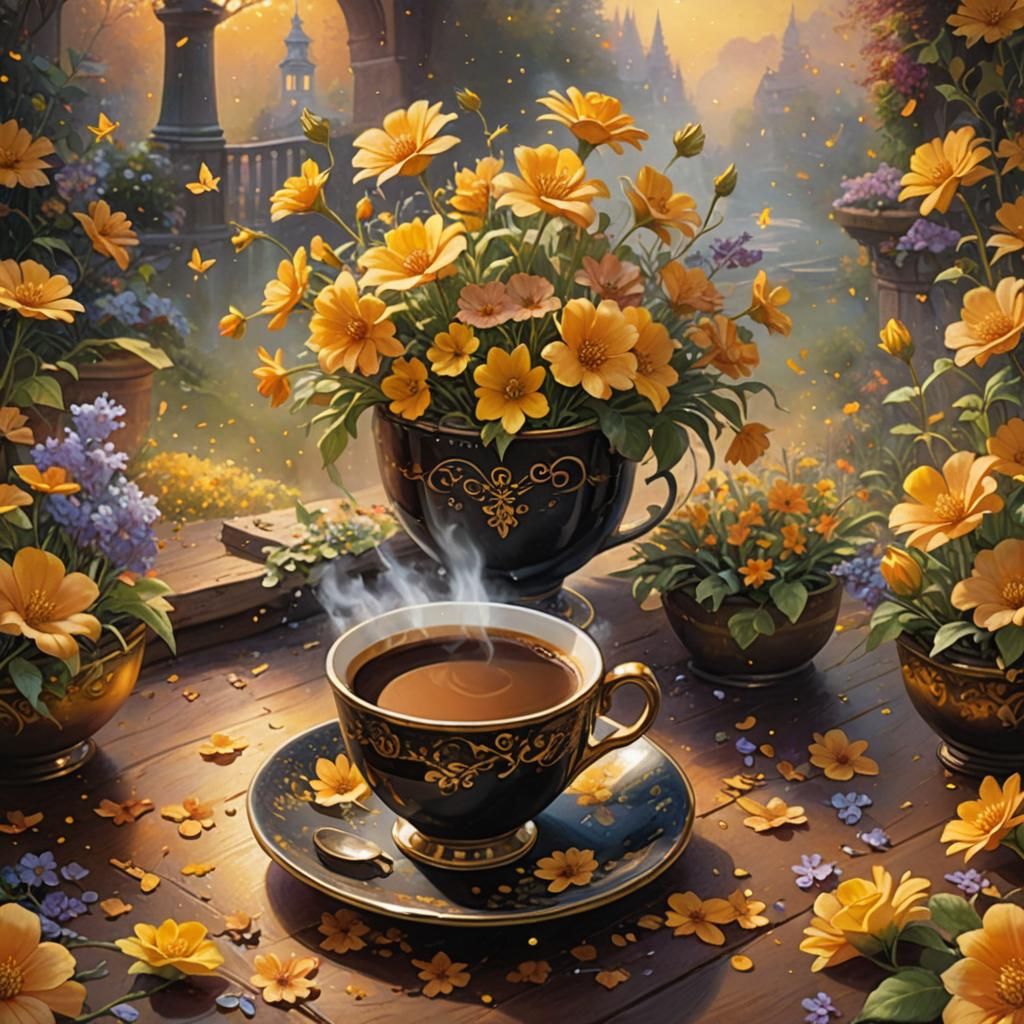 Coffee Cup with Flowers in Ethereal Style