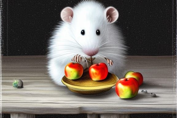 Fluffy White Rat's Apple Feast: Fantasycore Illustration