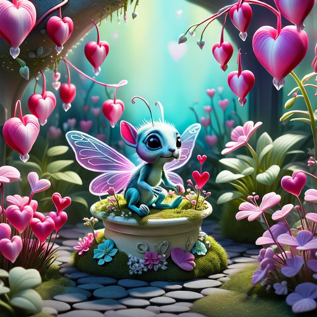 Pixie Creature in a Bleeding Hearts Garden