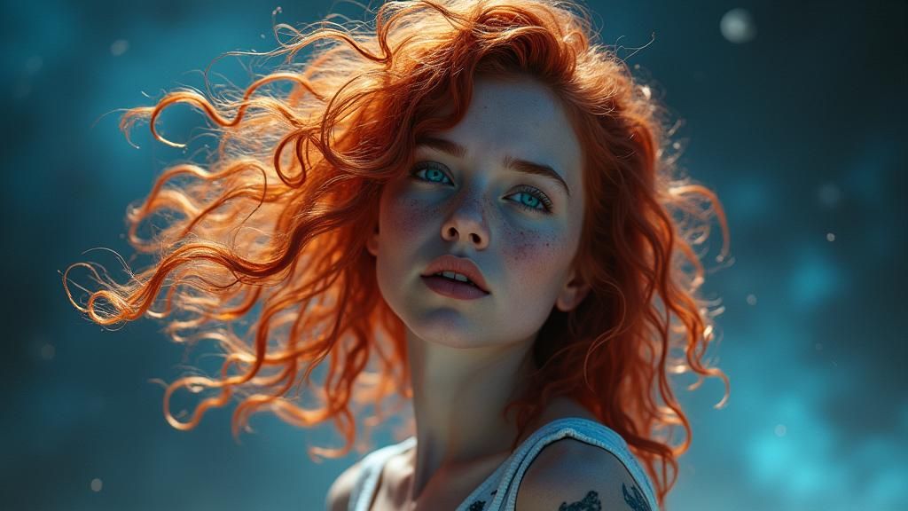 Galactic Dancer with Fiery Hair, Hyper-Realistic Fantasy
