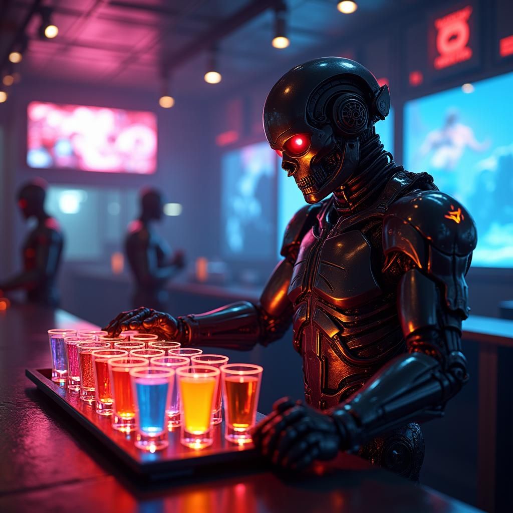 Cyborg Bartender Balances Neon Drinks in Futuristic Bar