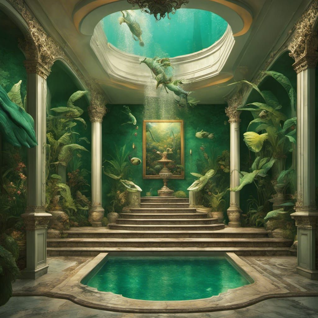 Lavish Swimming Pool with Ornate Art, Detailed Matte Paintin...
