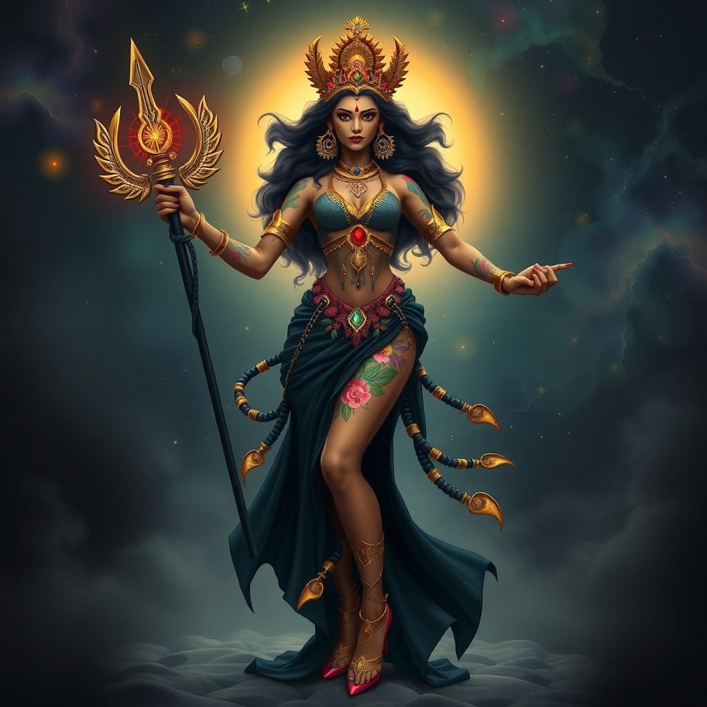 Dark Fabric Devi in Cosmic Gown with Glowing Eyes and Floral...