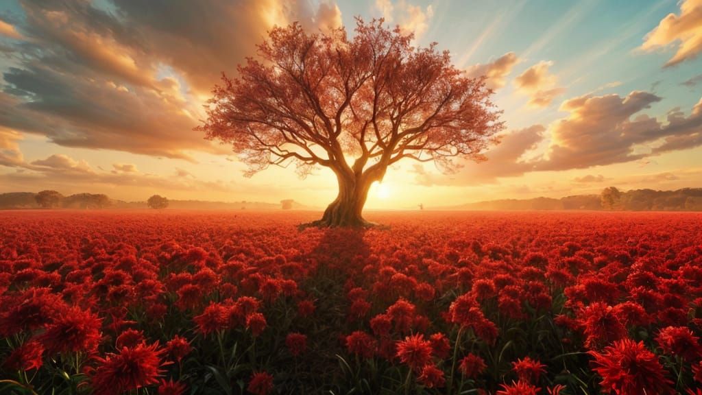 Red Spider Lily Field with Dark Tree, Fantasy Concept Art
