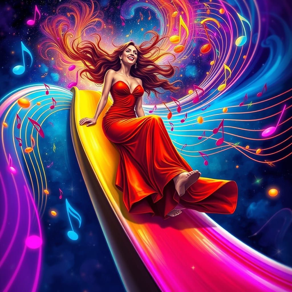 Singer Slides Down Vibrant Rainbow Made of Musical Notes