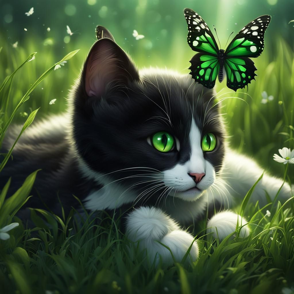 Black and White Kitten Playing With Butterfly