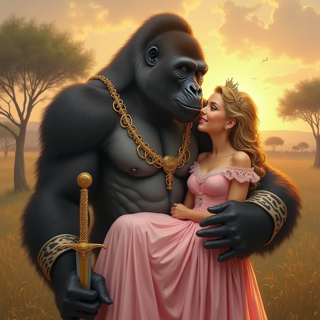 Charming Gorilla Knight with Royal Princess in Dreamlike Sav...