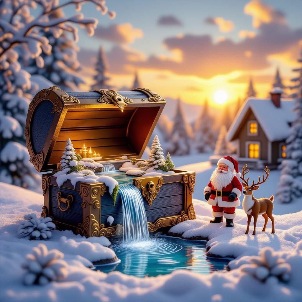 Magical Treasure Chest Reveals Miniature World at Sunset