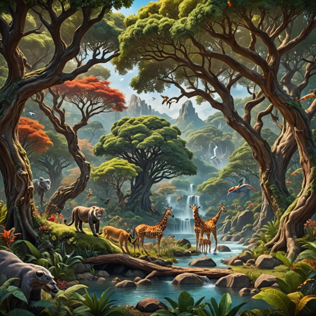 Lush Forest with Colorful Wildlife: Matte Painting