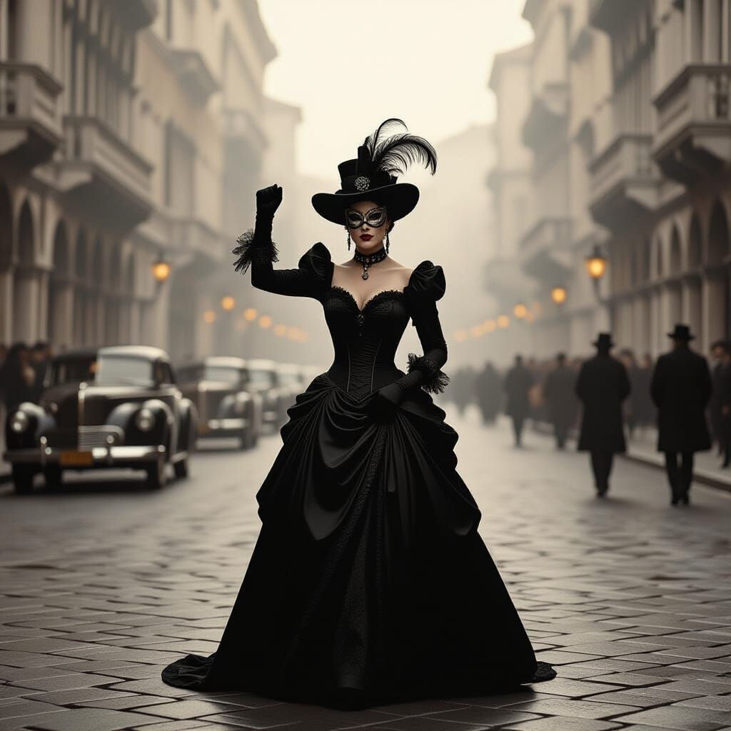 Woman in Mask Defiantly Raises Fist in Fog