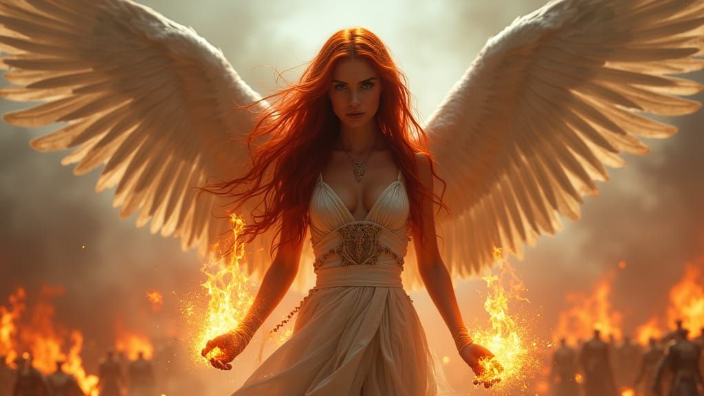 Fiery Angel on Battlefield in Epic Fantasy Style
