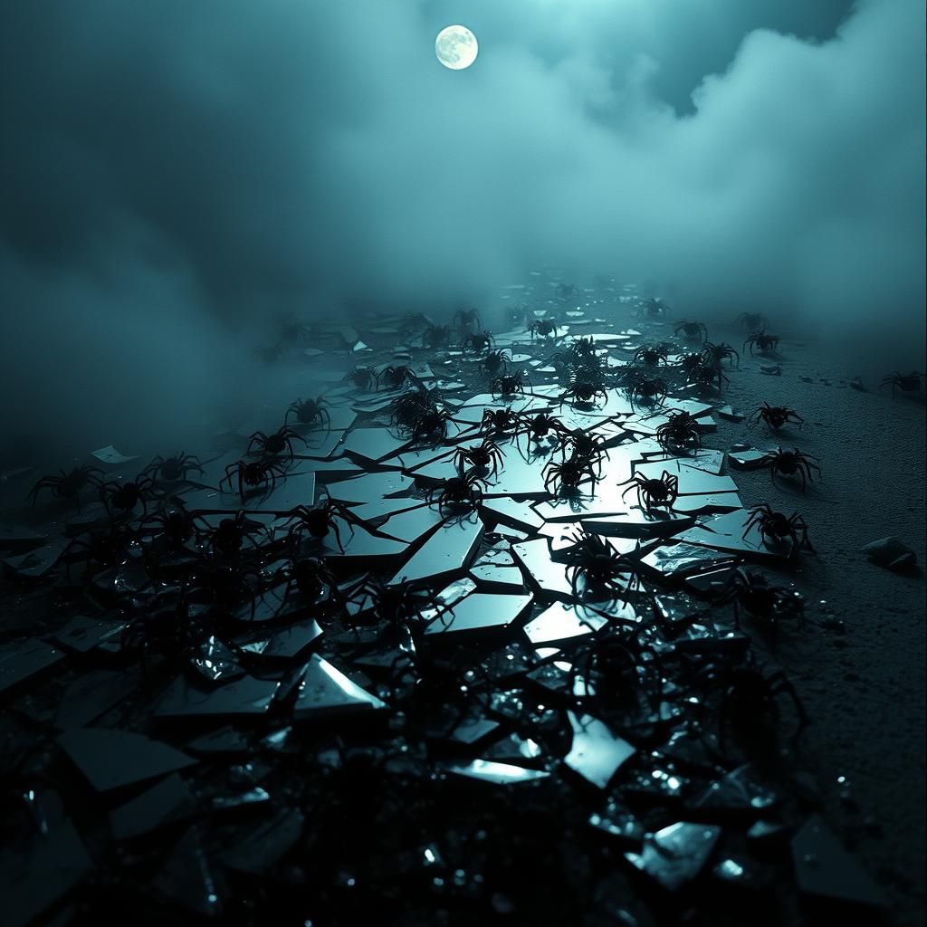 Eerie Moonlit Scene: Spiders Crawling from Shattered Mirror