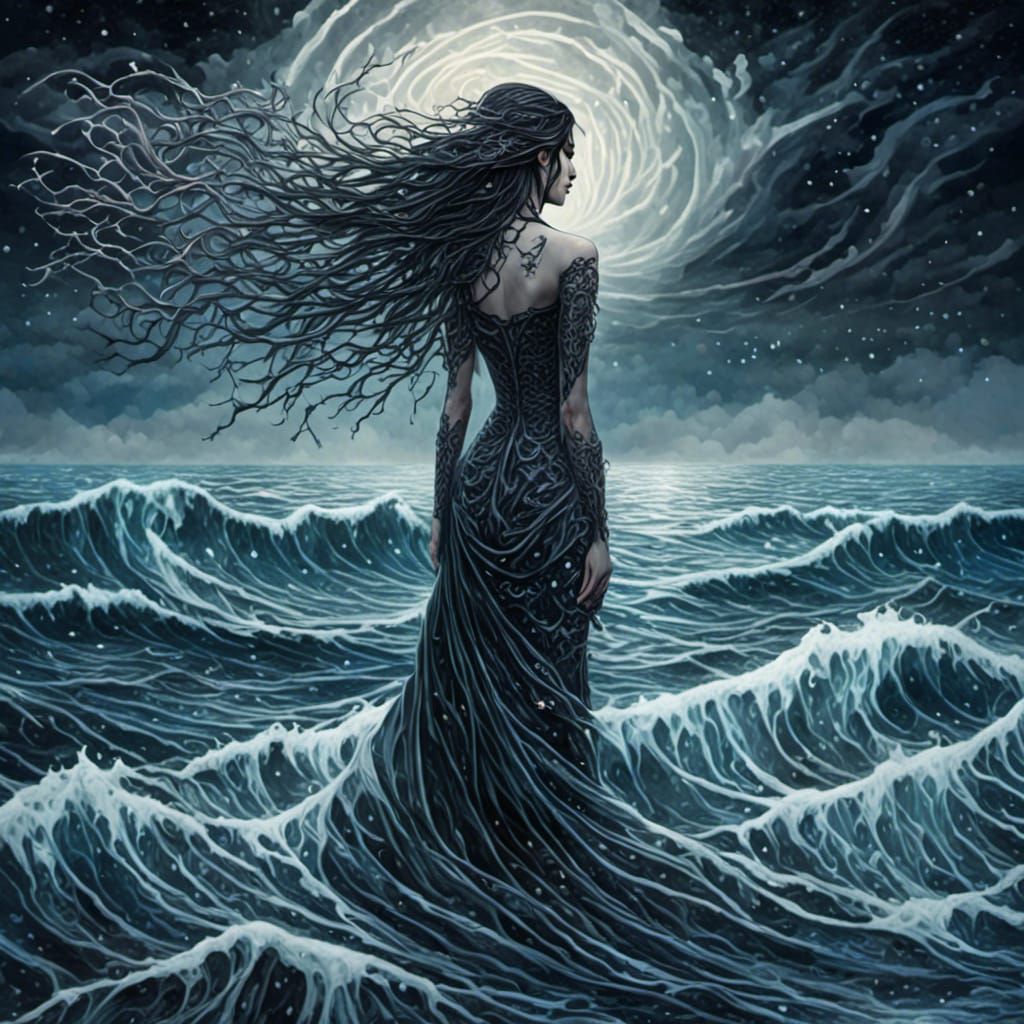 Gothic Woman by Icy Shore at Night