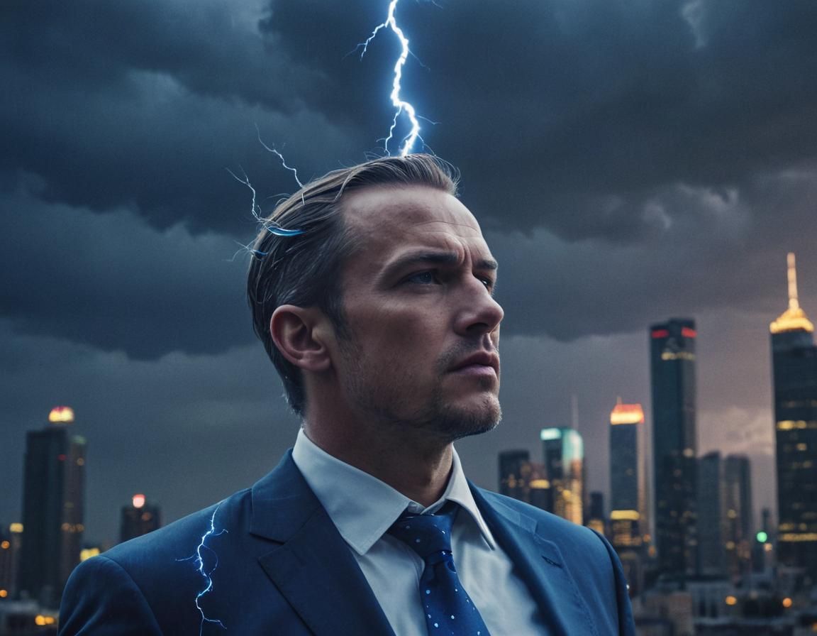Surreal Businessman Surrounded by Electric Blue Lightning