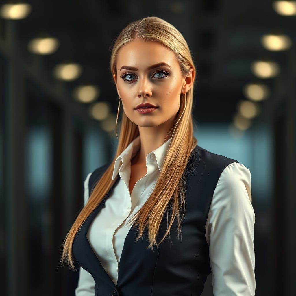 Statuesque Blonde Woman in Professional Attire