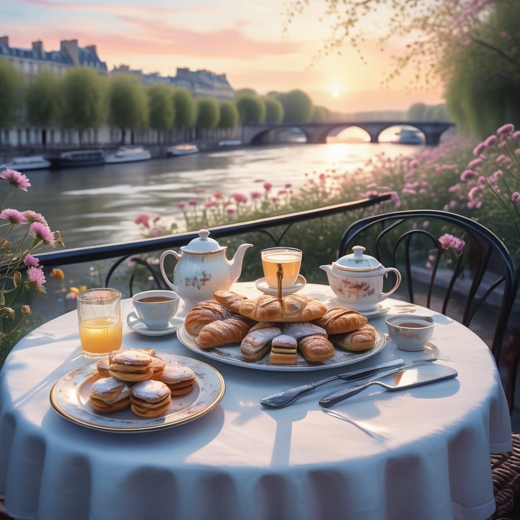 Parisian Cafe Sunset Silhouette Ethereal Watercolour