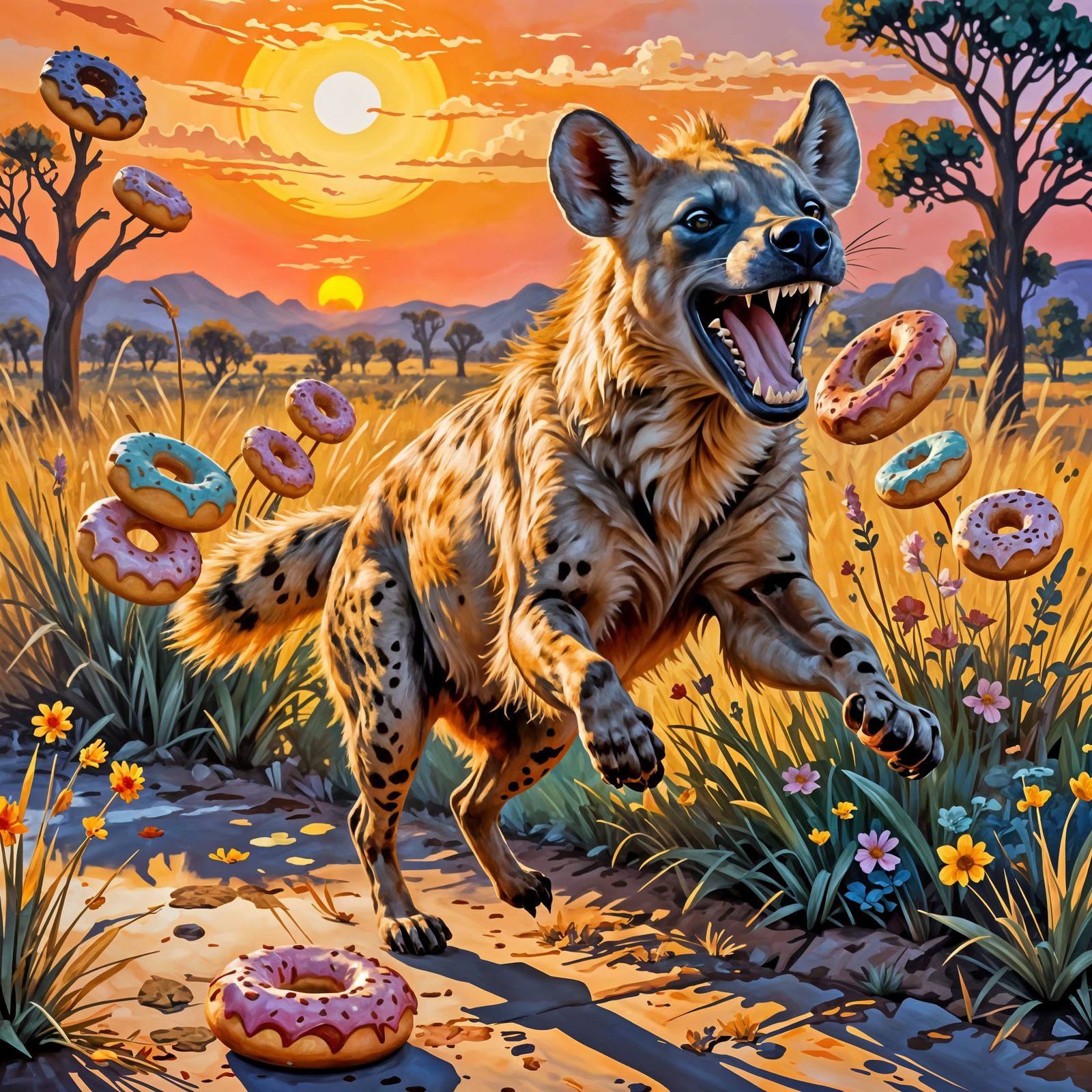 Joyful Hyena Leaping for Donuts in Fauvism Style