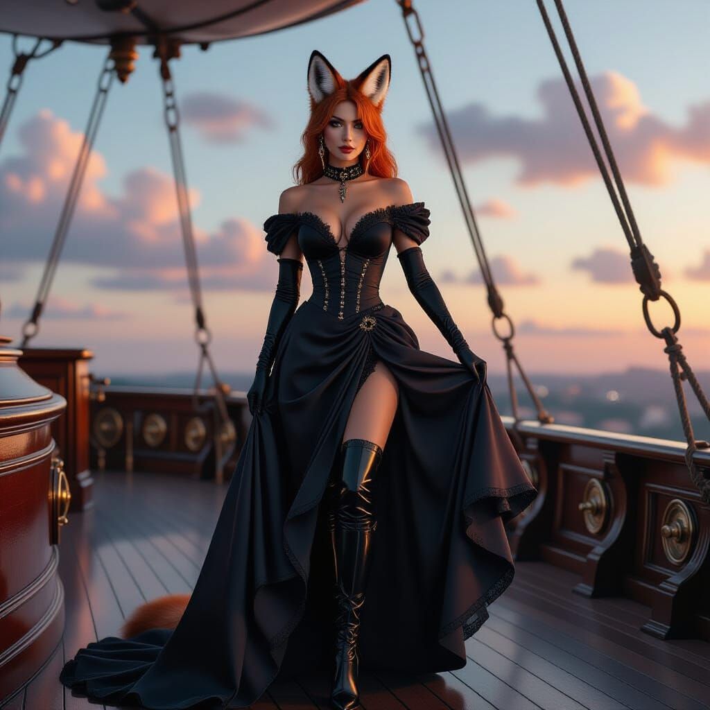 Gothic Fox Woman on Vintage Airship at Sunset