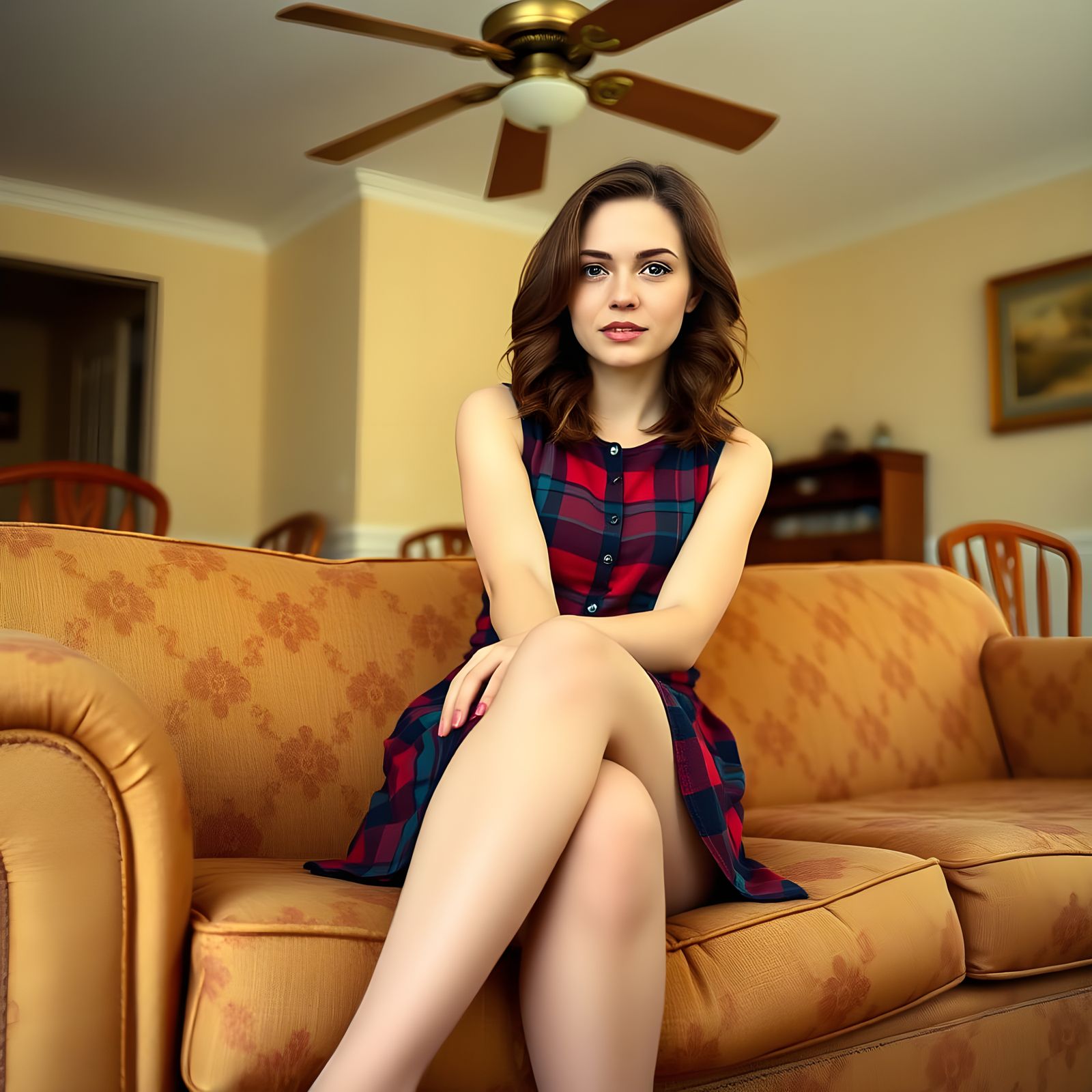 1970s-Style Portrait of a Young Woman in a Cozy Living Room