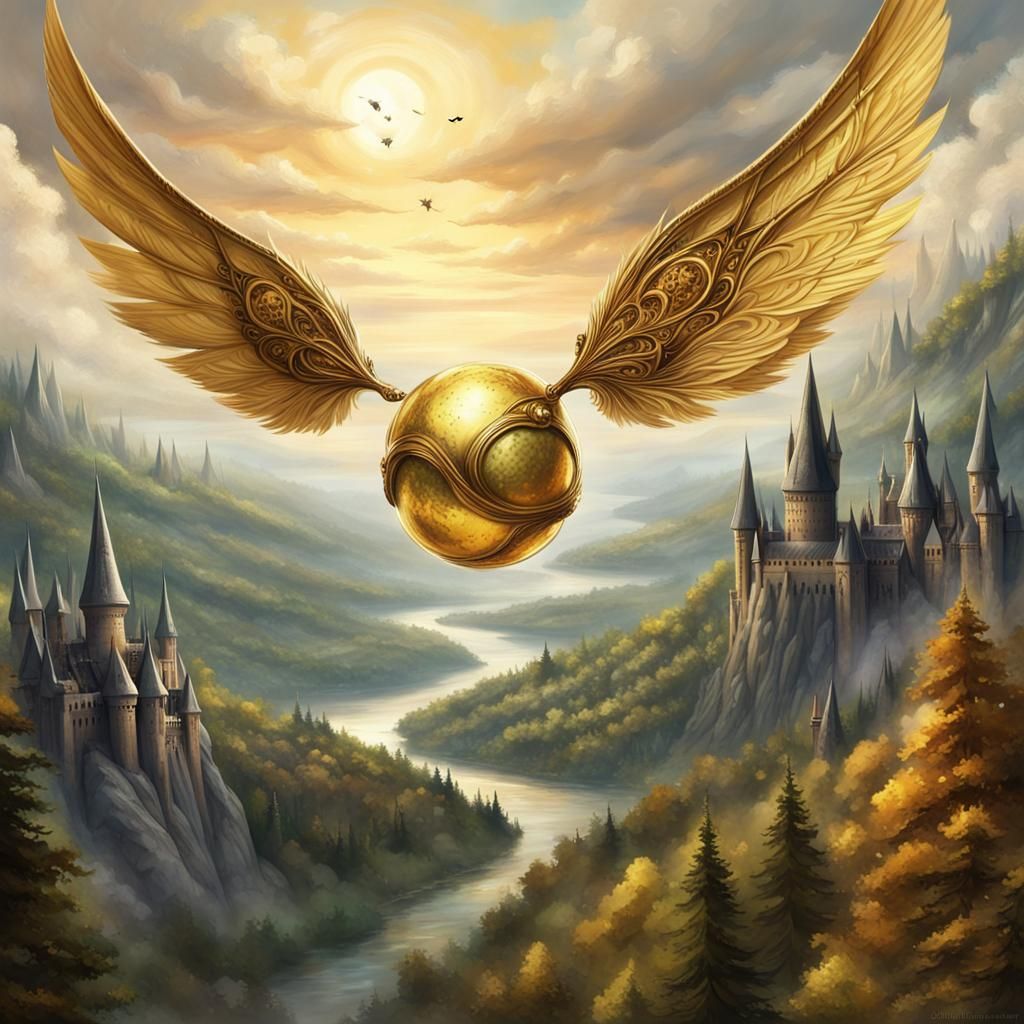 Golden Snitch Flight Over Hogwarts: Fantasy Painting
