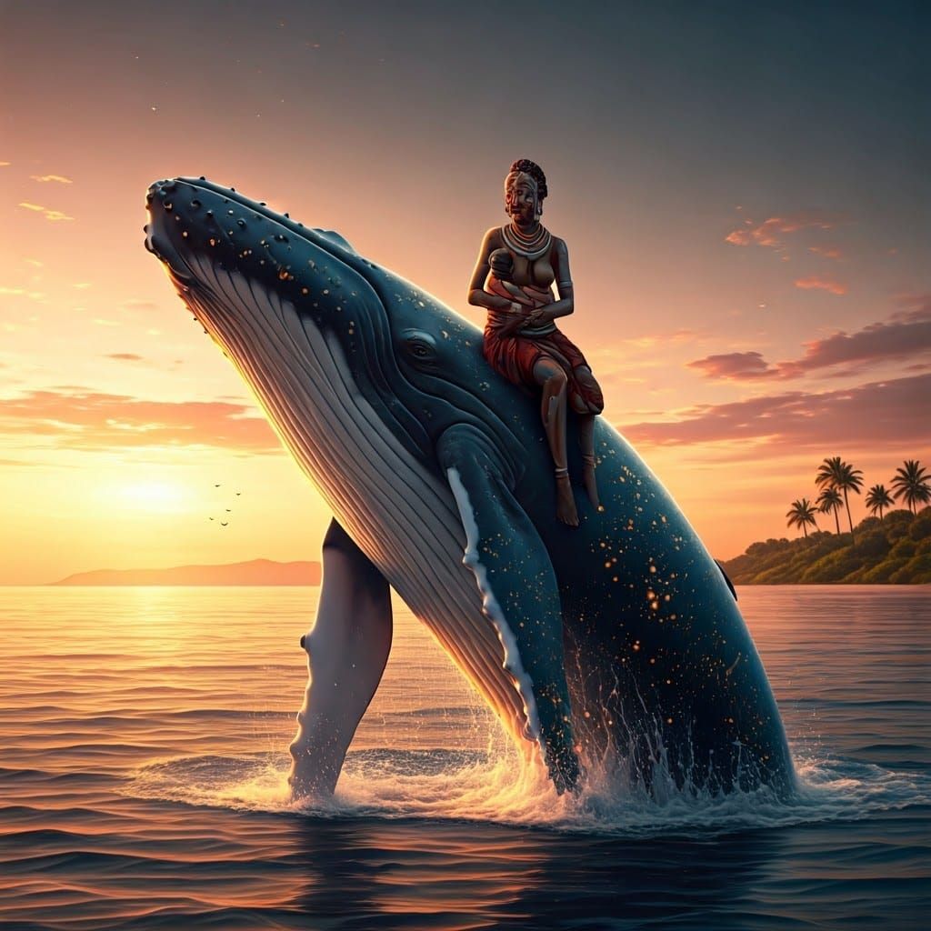 Maasai Woman and Child Riding Breaching Whale
