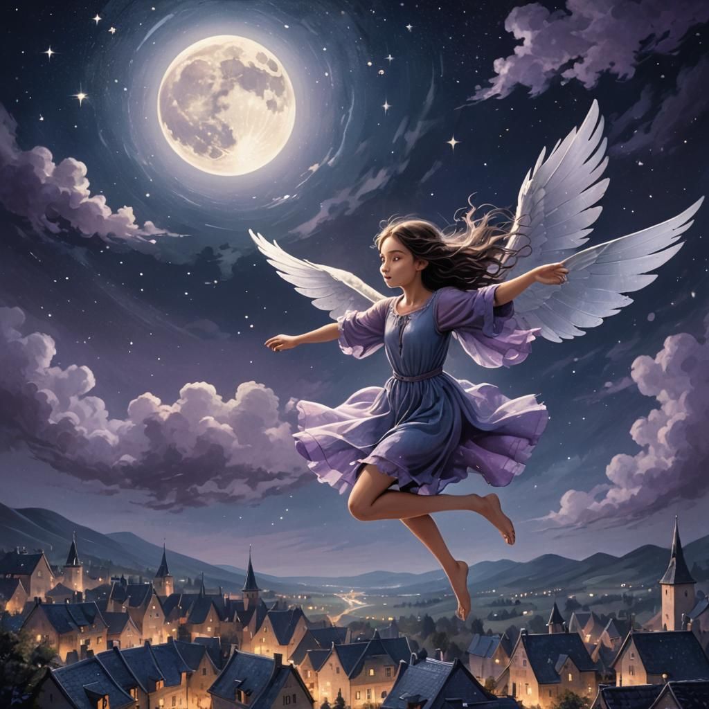 Ethereal Girl Soaring Through Moonlit Sky