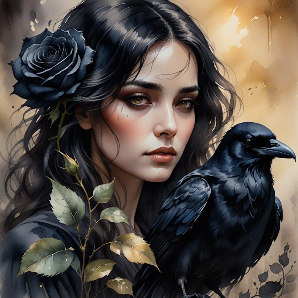 Mysterious Woman with Rose: a Watercolor Portrait