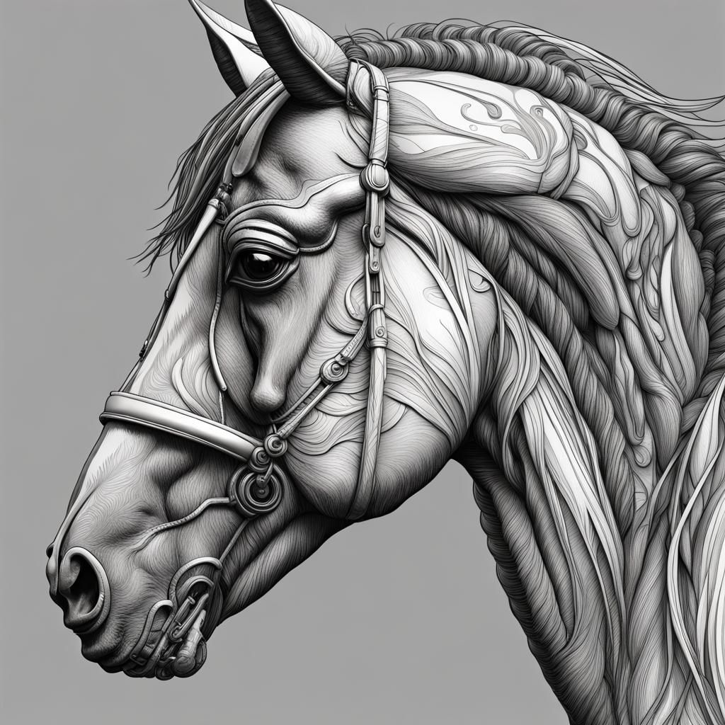 Detailed Line Art of a Horse Head in Pen and Ink